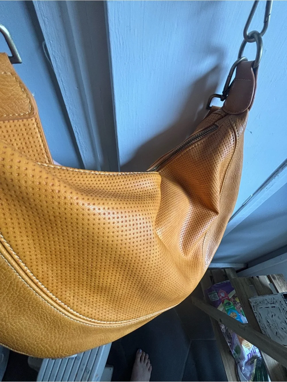 Anthropologie Mustard Tan Perforated Faux Leather Hobo Bag